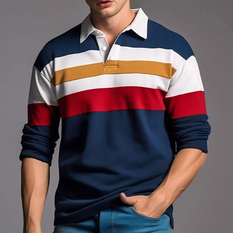 

Color Stripes Print Men's Polo Shirts Daily Business Casual Long Sleeved Tops Fashion Lapel Button T-Shirt Autumn Loose Clothing