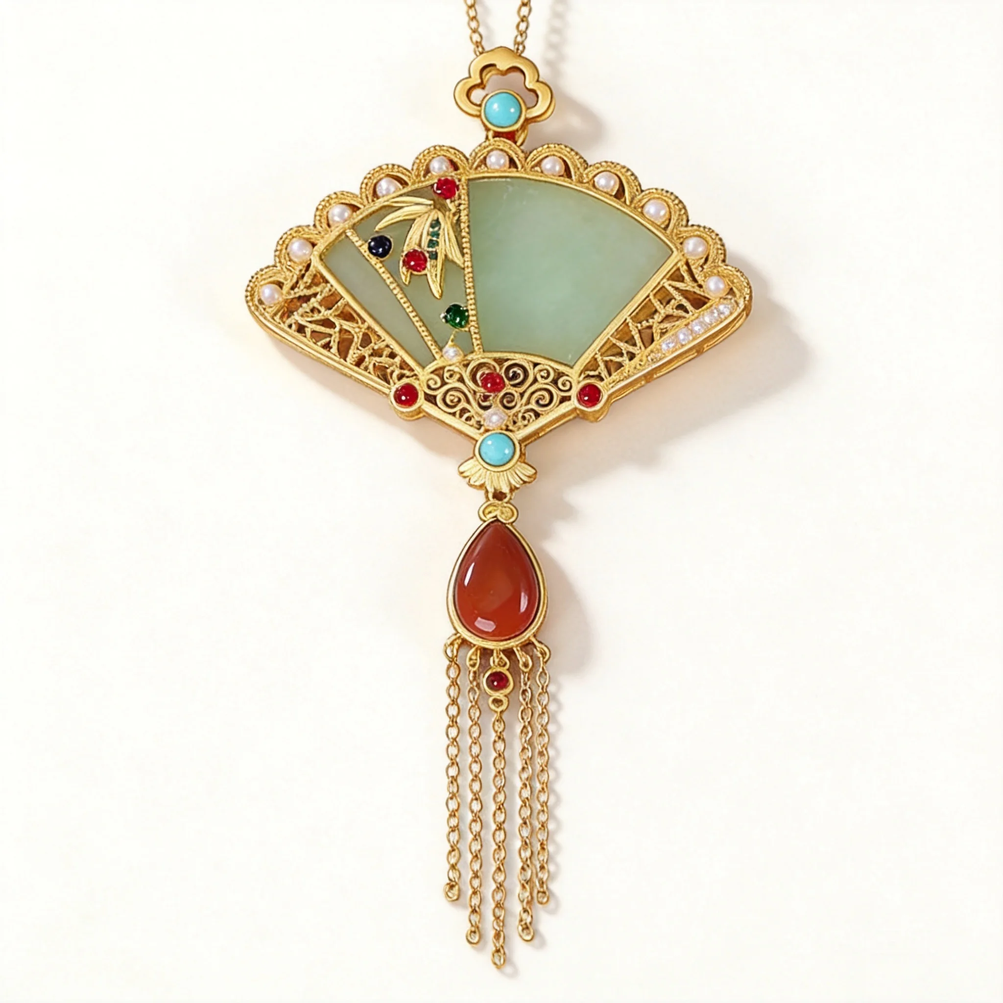 

Chinese Style Lucky Blessing Fortune Gold Plated Imitation Hetian Green Jade Classical Fan Tassel Sweater Chain Pendant Elegant