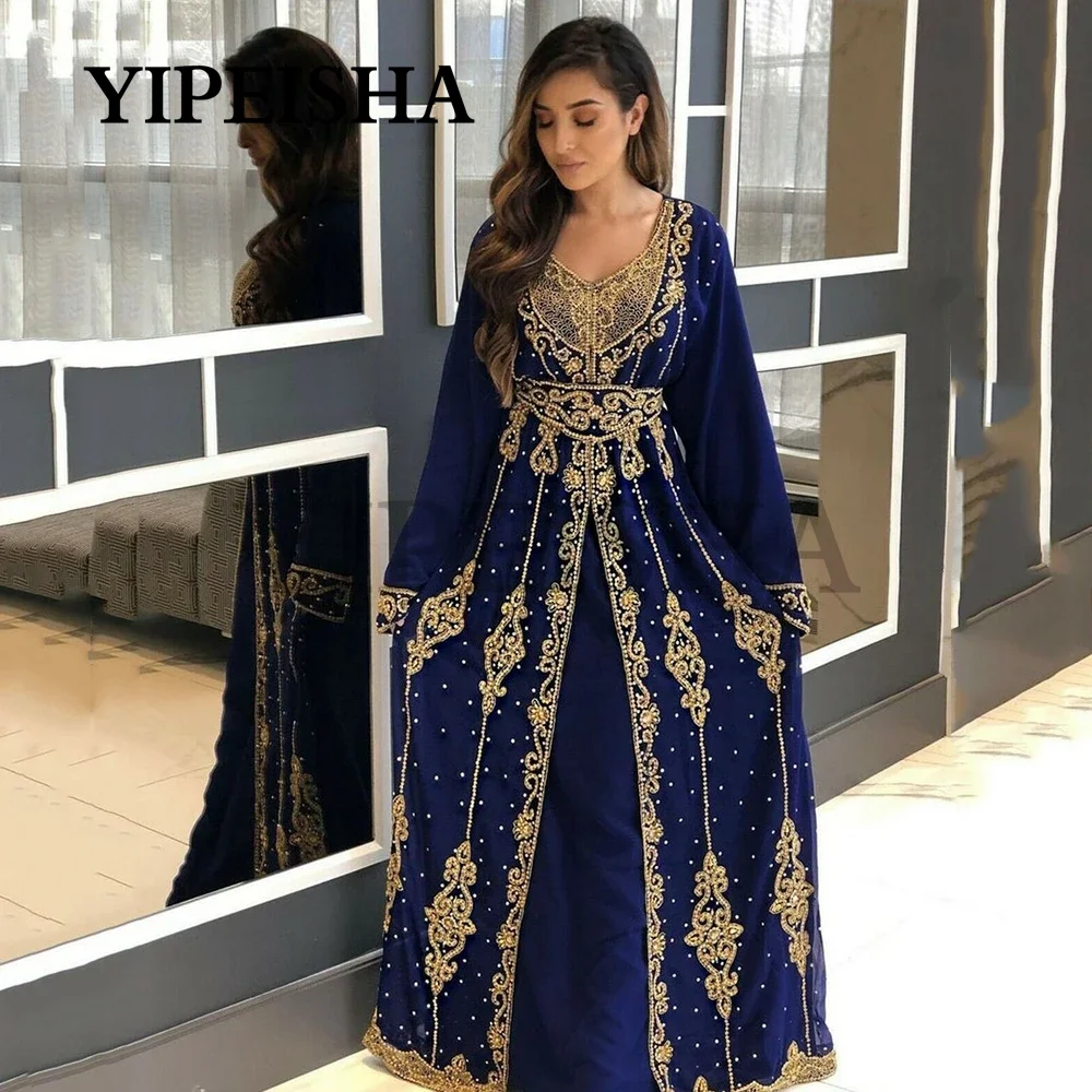 Moroccan Dubai Kaftan V-Neck A-Line Evening Dress Embroidery Appliques Long Formal Gown Full Sleeve Arabic فساتين السهرة vestido