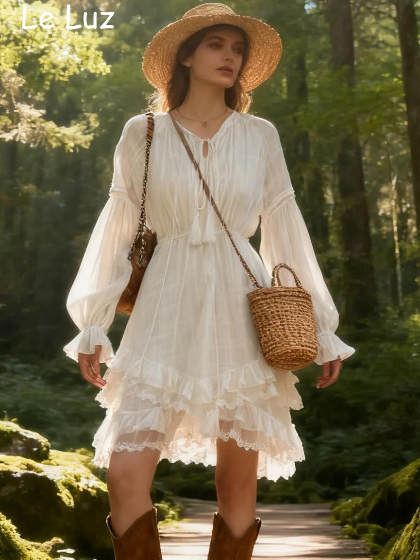 Estilo francês vintage mini vestido feminino branco primavera outono férias borlas gravata irregular manga longa em camadas casual senhoras vestido