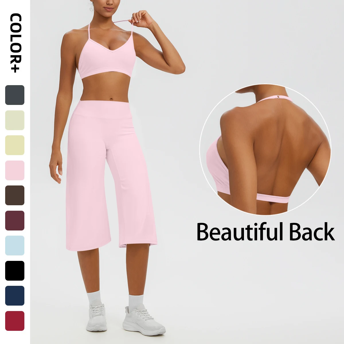 Summer Gym Sports Yoga Suit Breathable Backless Yoga Bra with Chest Pad Solid Color Loose Pencil Pants Thin Capri Pants Yoga Set