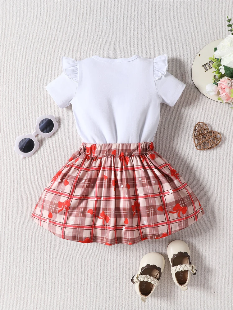 2pcs Baby Girl Summer Love Print Fly Edge Sleeve Round Neck Top Paired with Elastic Half Skirt Newborn Casual Clothing Set 6M-3Y