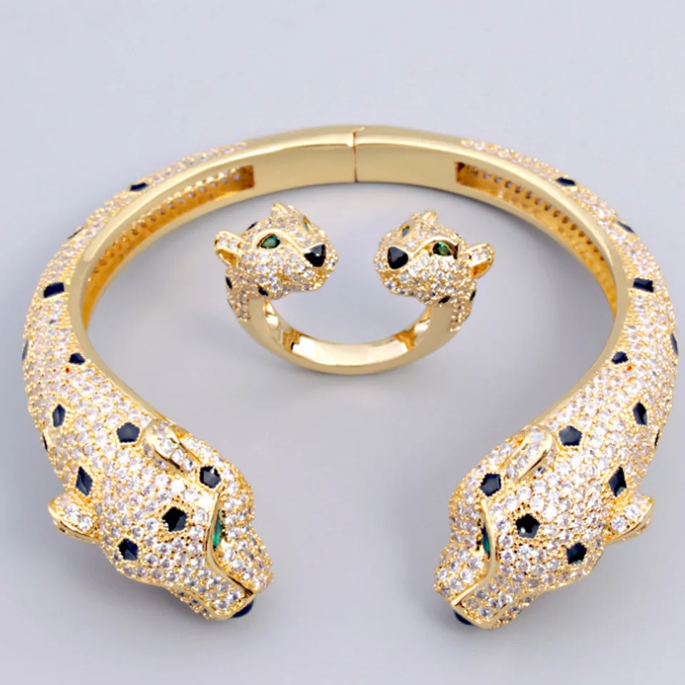 

Zlxgirl Full Around Zirconia Wedding Bangle With ring jewelry set fashion Women's Jet Enamel Leopard Animal Gold Bangle&Anel