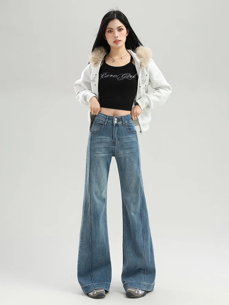 High Waist Bell Bottom Denim Jeans Women's Spring 2026 New Style American Retro Blue Wide Leg Micro Flared Pants