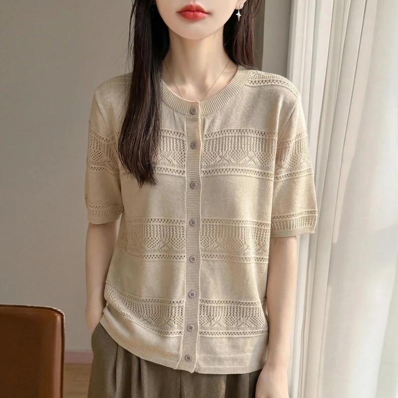 Summer New Loose Knitted Short Sleeve Open Cardigan T-Shirt Women's round Neck Hollow out Stylish Base Top Half Sleeve Thin