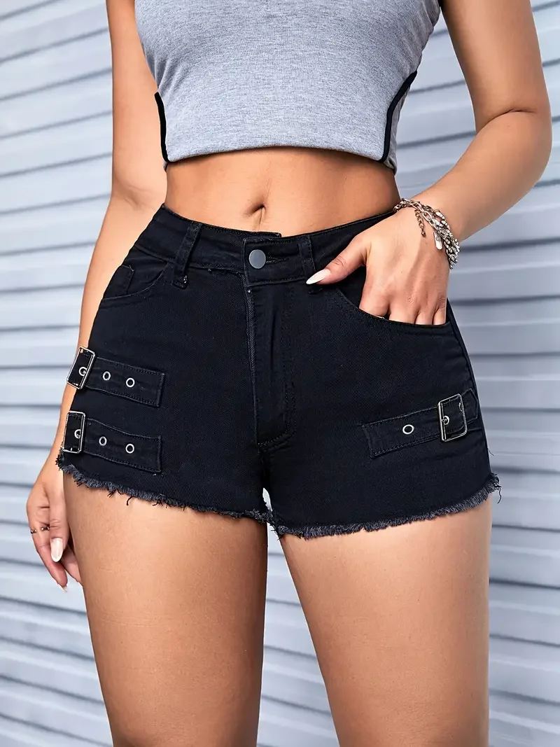 Women High-waisted Denim Shorts, Street-style Denim Hot Pants, Casual Raw Hem Shorts