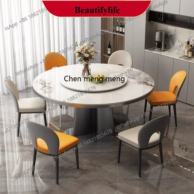 E153 Italian round rock slab super crystal dining table combination simple modern household round table turntable