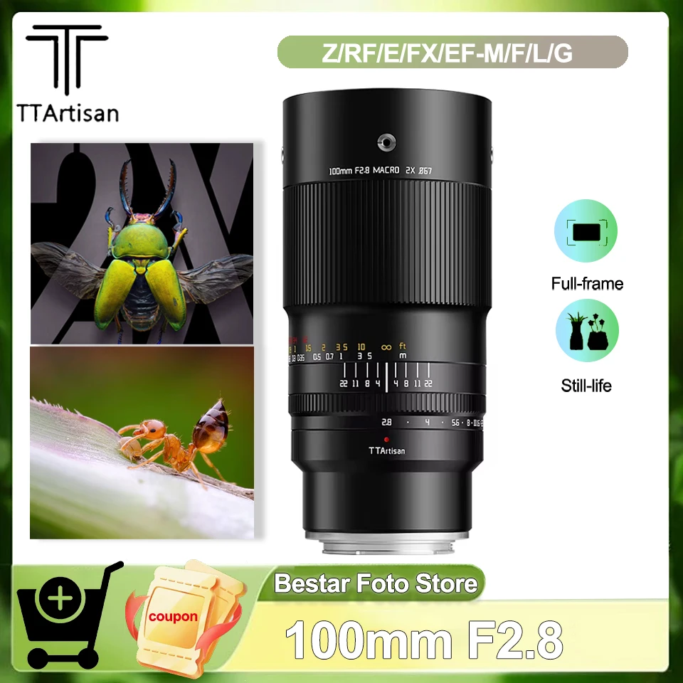 

TTArtisan 100mm F2.8 MACRO 2X Full Frame Still-life Lens for Fuji X-A7 GFX 50S Sony A7 Nikon Z9 D6 Canon R5 Leica SL Canon EF