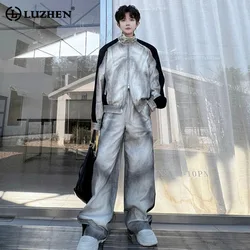 LUZHEN 2024 Color Contrast Patchwork Jacket Two Piece Sets Casual Trendy Sport Baggy Pants Men Scrawl Wornout Streetwear LZ5350