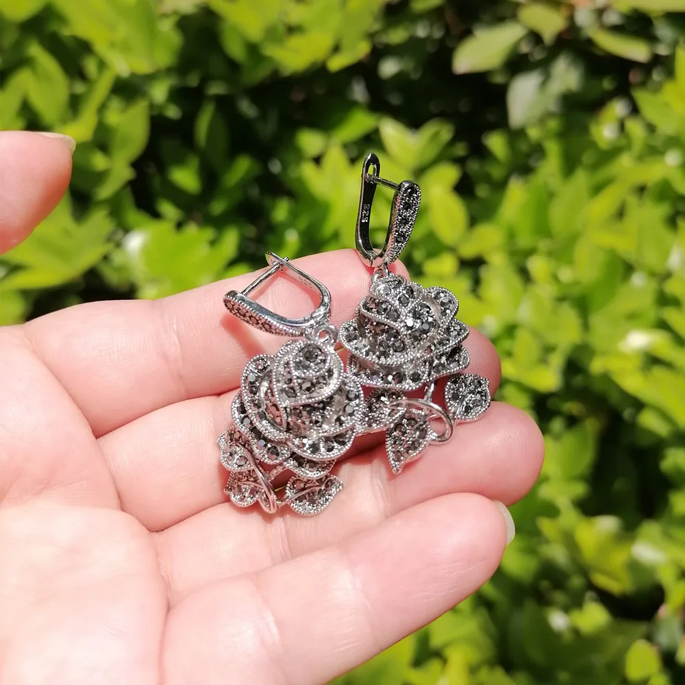 Ajojewel Vintage Rose Flower Earrings For Women Black Crystal Jewelry