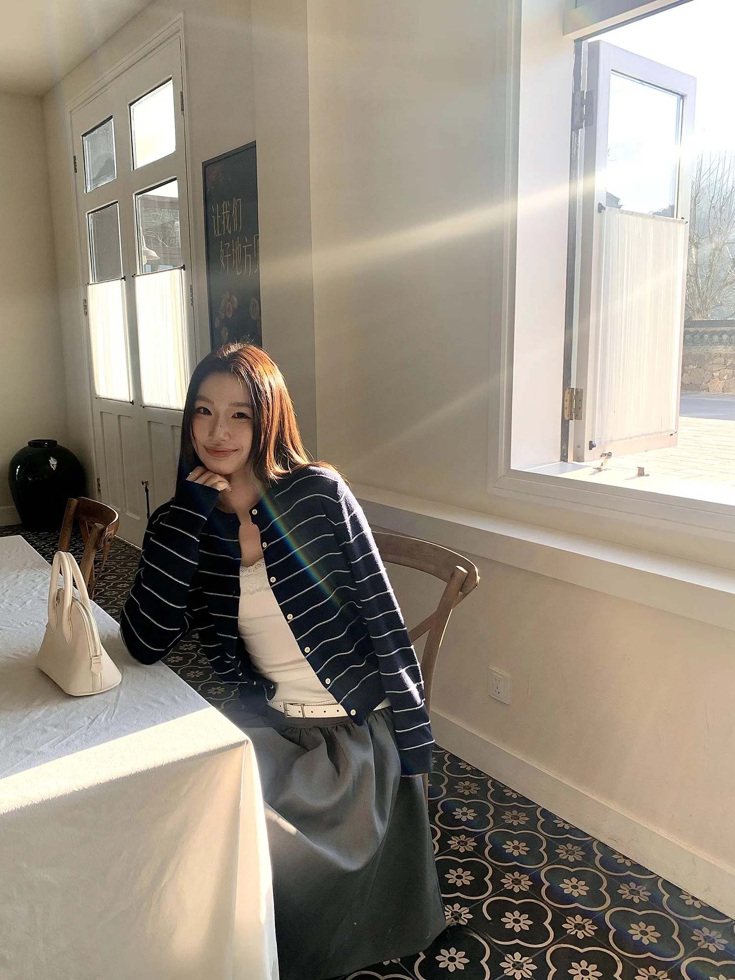 

Ban Peach Run Briti Girl High nce Color Blo Striped Long Sve Knitted Open Cardigan Women Early Autumn Top