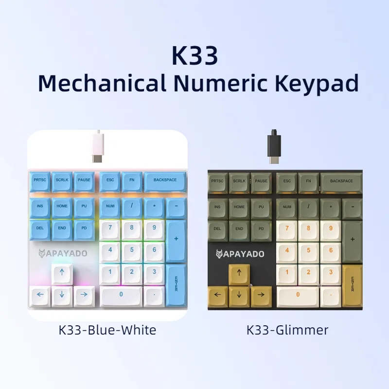 APAYADO K33 Mechanical Numeric Keyboard with Blue Shaft, Mini 33 - Key,PBT Keycaps and Vivid RGB Lights, Tailored for Accountin