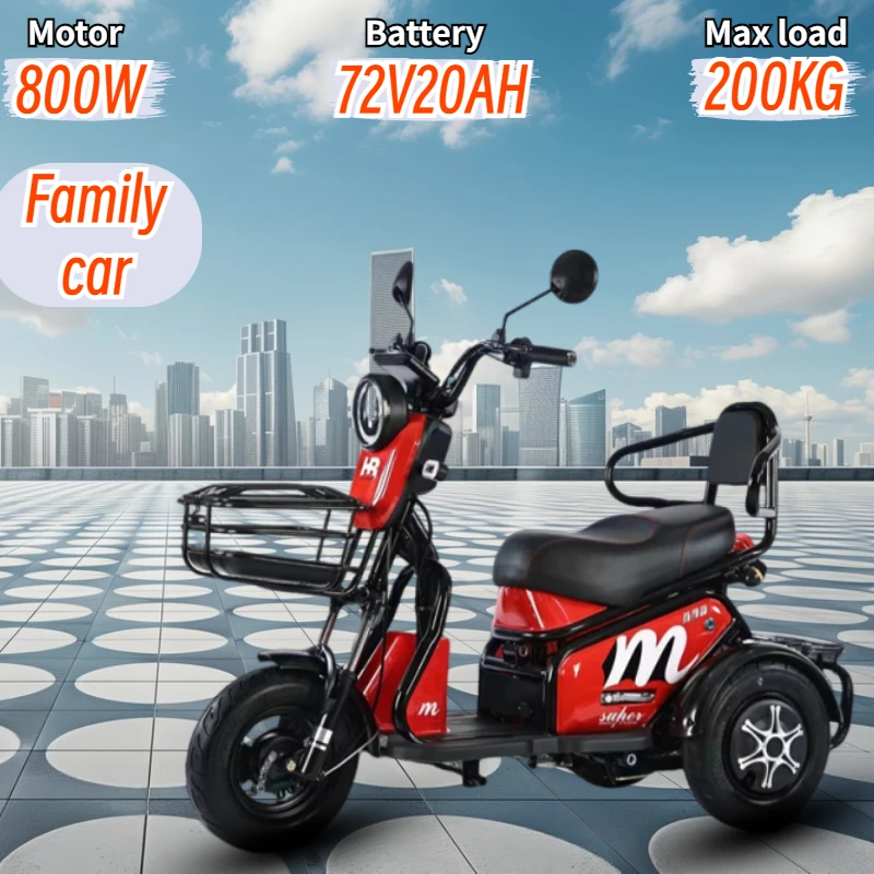 Electric Tricycle 800W Motor 72V 20AH Parent-Child Outdoor Tricycle With Storage Basket Adult Elderly Mobility Electric Vehicle