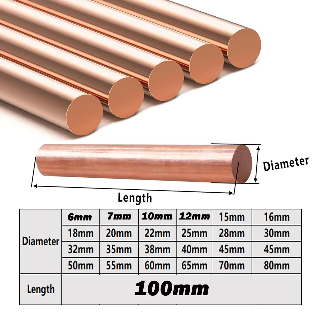 1~5Pcs T2 Pure Copper Round Rod/Electrode Copper Rod Length 100mm Diameter 6/7/10/12/15/16/18/20/22/25/28/30/32~80mm Round Bar