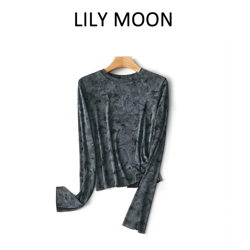 LILYMOON 2024 Winter New Fashion Ladies Acetate Ink Halo Design Thin Round Neck T-shirt Casual Long-Sleeved Bottoming Shirt