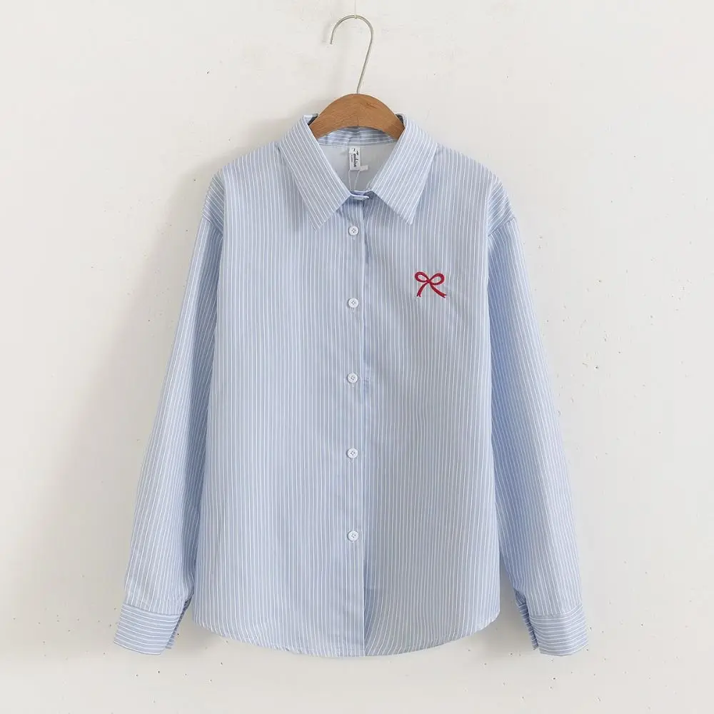 

Y2K полосатые рубашки на пуговицах с вышивкой и бантом, свободная полосатая блузка, женская блузка в консервативном стиле, весенне-осенняя блузка с длинным рукавом