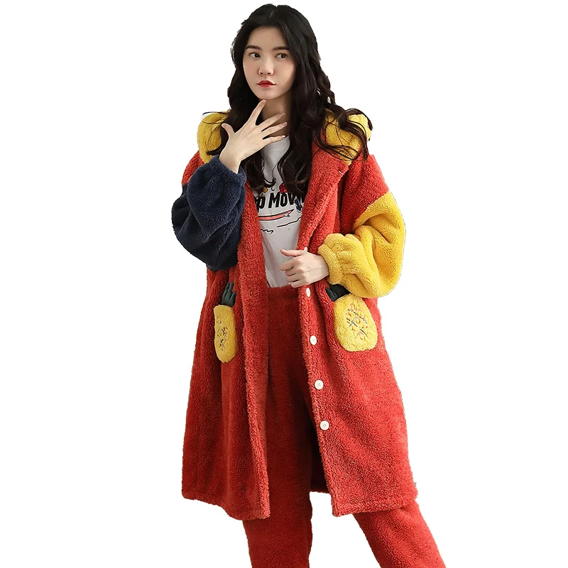 

Two Piece Set Winter Women Hooded Pajama Sets Ruffled Warm Coral Flannel Sleepwear Solid Female Thick Long Soft Cute Nightwear