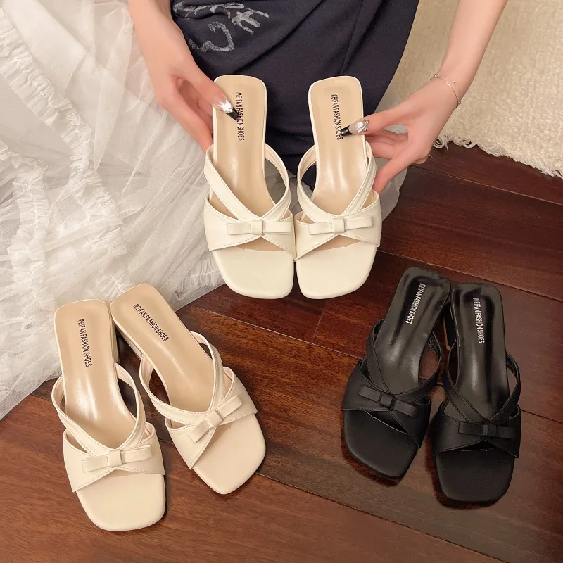 

New Summer Women's Low Heel Beach Women Slippers Luxury Fashion Open Toe Butterfly-knot Casual Party Slide Sandals Zapatos Mujer