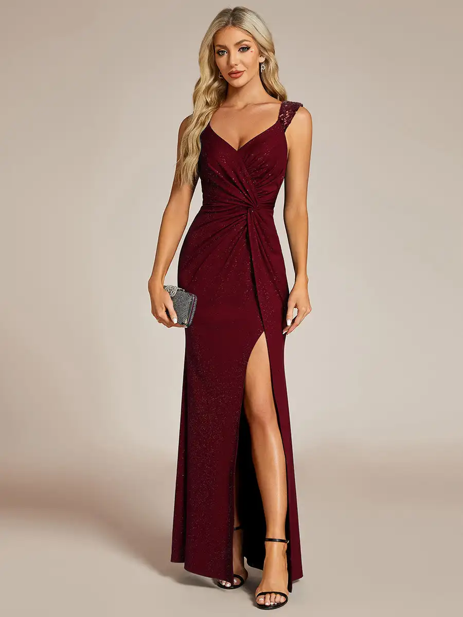 

Gorgeous Evening Dresses V-neck Glitter Split High fork Floor Length 2025 Ever Pretty of Burgundy Bridesmaid Dress