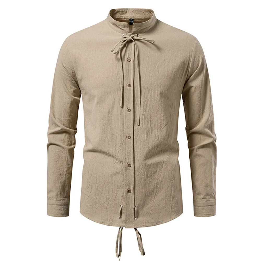 Men's Retro Shirt Solid Color Long Sleeve Stand Collar Lace-up Lightwieght Cotton Cozy Tops Gothic Style Party Costume