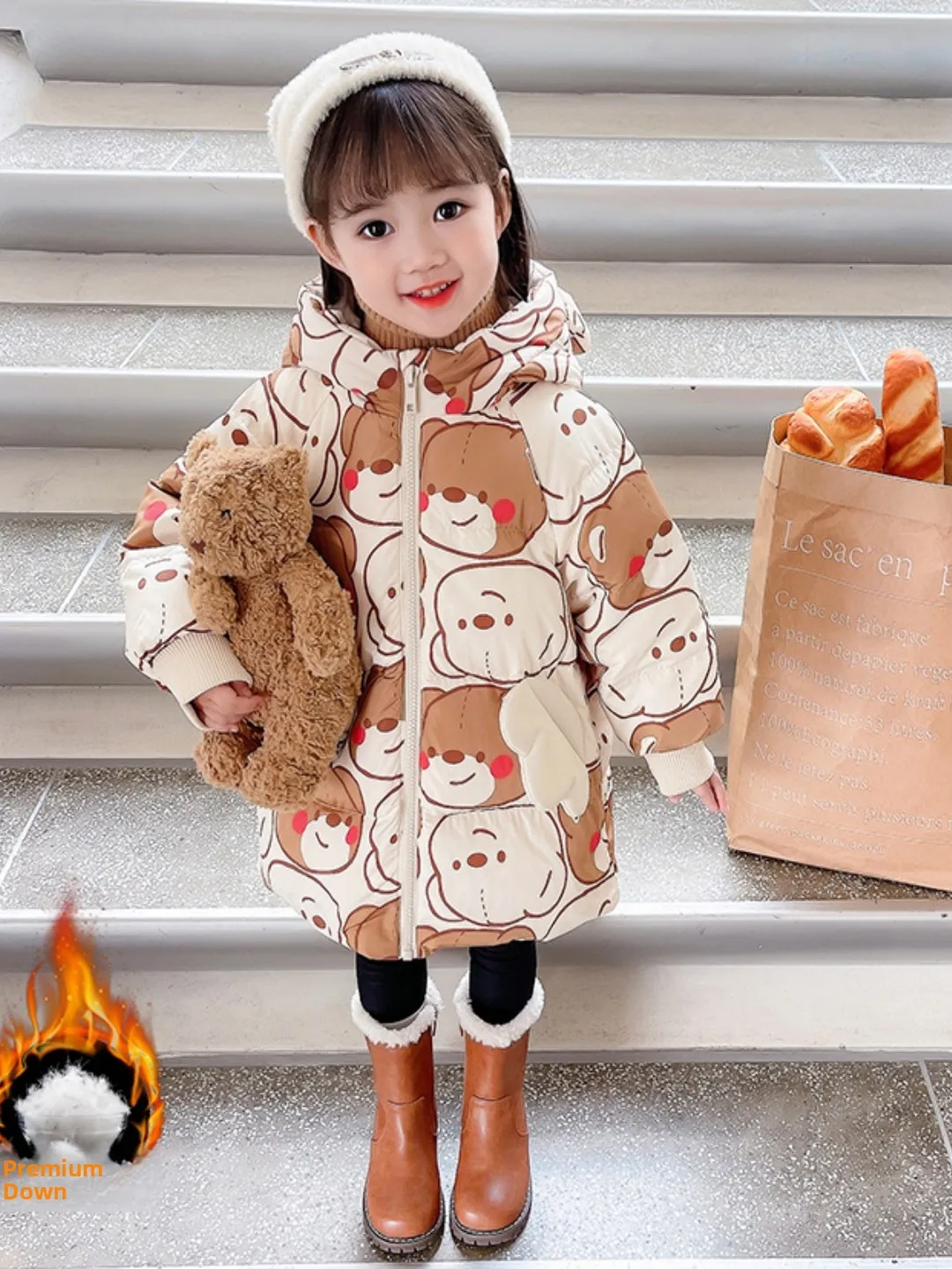 

Thiened Bear Print down Jaet Children's Winter Faionable Warm Cotton Outerwear Coat for Boys And Girls