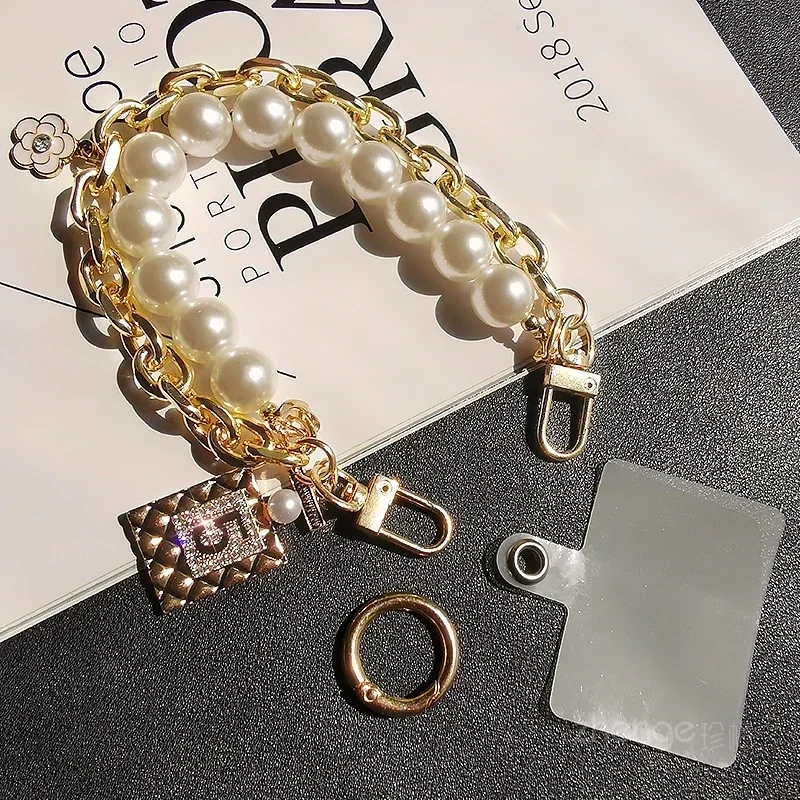 Mobile Phone Lanyard No. 5 Hanging Tag Pearl Double Chain Short Wrist Strap Women's Handmade Pearl Chain Clip Universal Strap