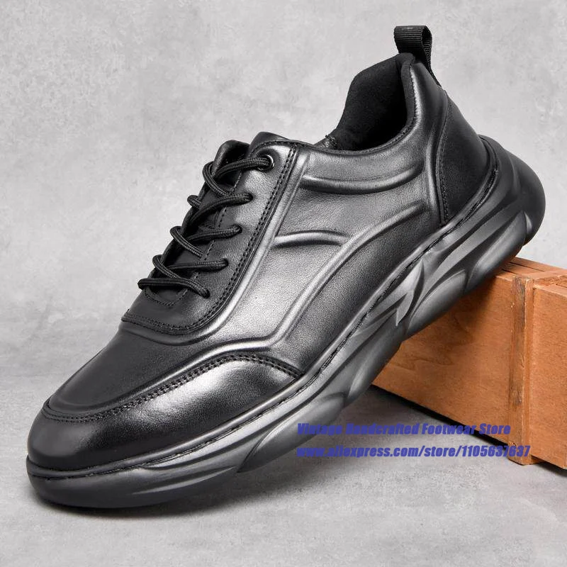 

Black Leather Thick Sole Men's Shoes Height Increasing Lace-Up Office Casual Shoes ﻿Sneakers Vintage Handcrafted Men's Shoes