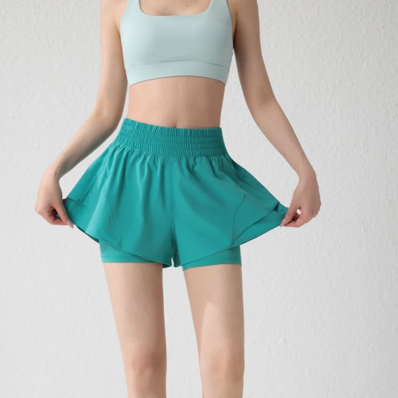 Women's High-waisted Athletic Shorts for Running, Yoga, Layered Design, Anti-exposure, Fitness, and Workout with Pockets