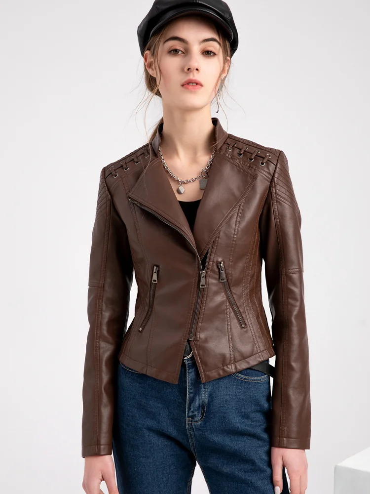 Women's PU Faux Leather Short Jacket, Slim Thin Leather Jacket, Ladies Motorcycle Suit, Lapel, Spring and Autumn, 2024