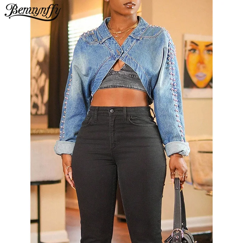 Benuynffy Vintage One Button Rivet Denim Coat Women's Spring 2026 New Fashion Long Sleeve 2000s Streetwear Cropped Jeans Jacket