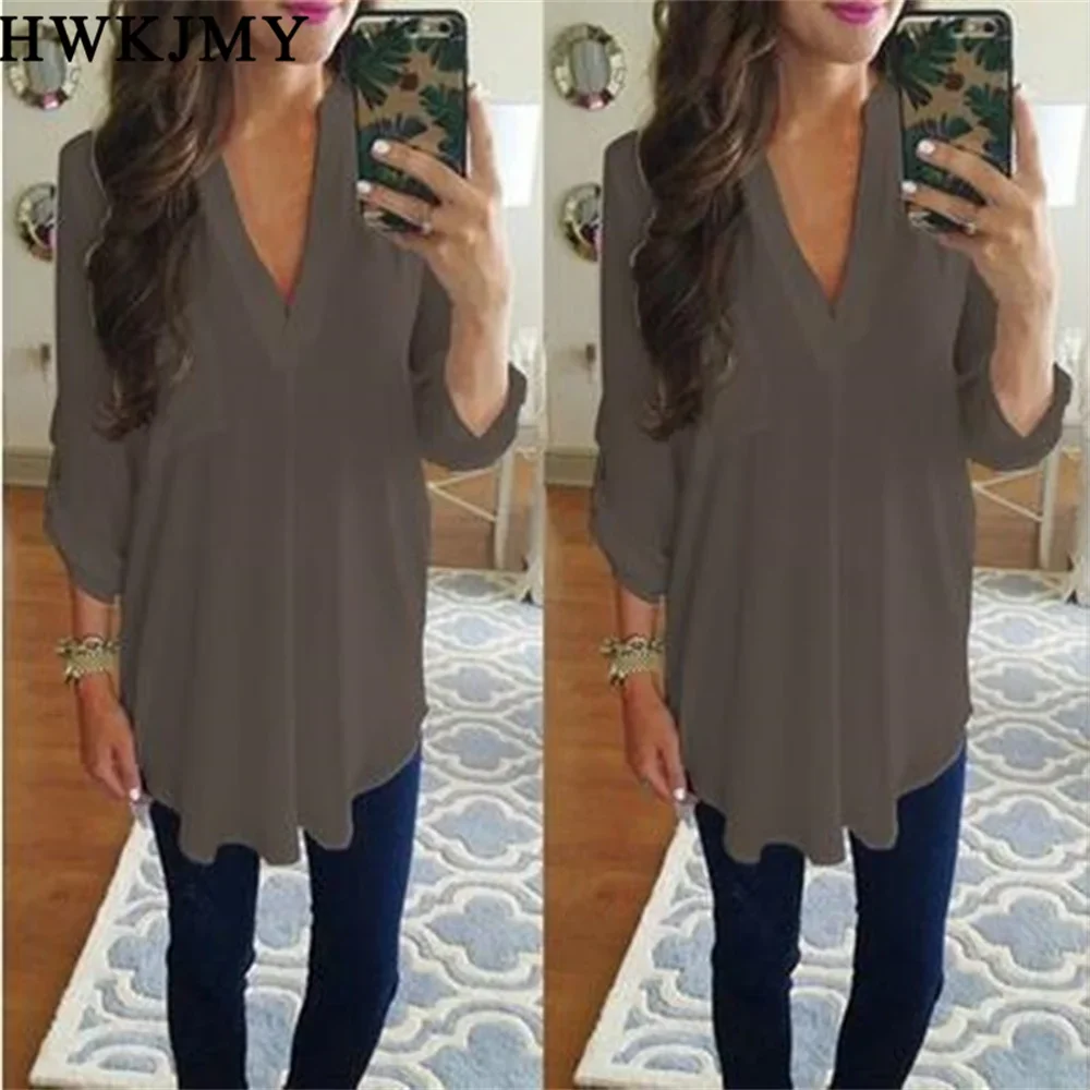 Women\'s Fashion Casual Chiffon Tops V-neck Solid Color Ladies Sexy Long Sleeve Shirt Loose Tops T Shirt Blouse