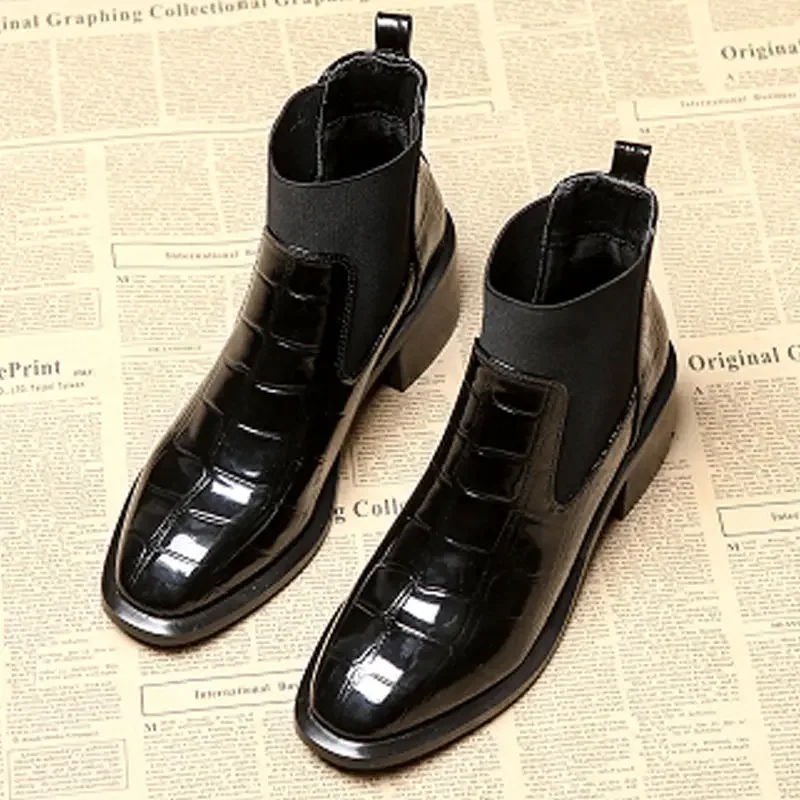 Women Round Toe Block Low Heel Chelsea Boots Black Slip On Patent Leather Ankle Boots Comfortable Non-slip Shoes