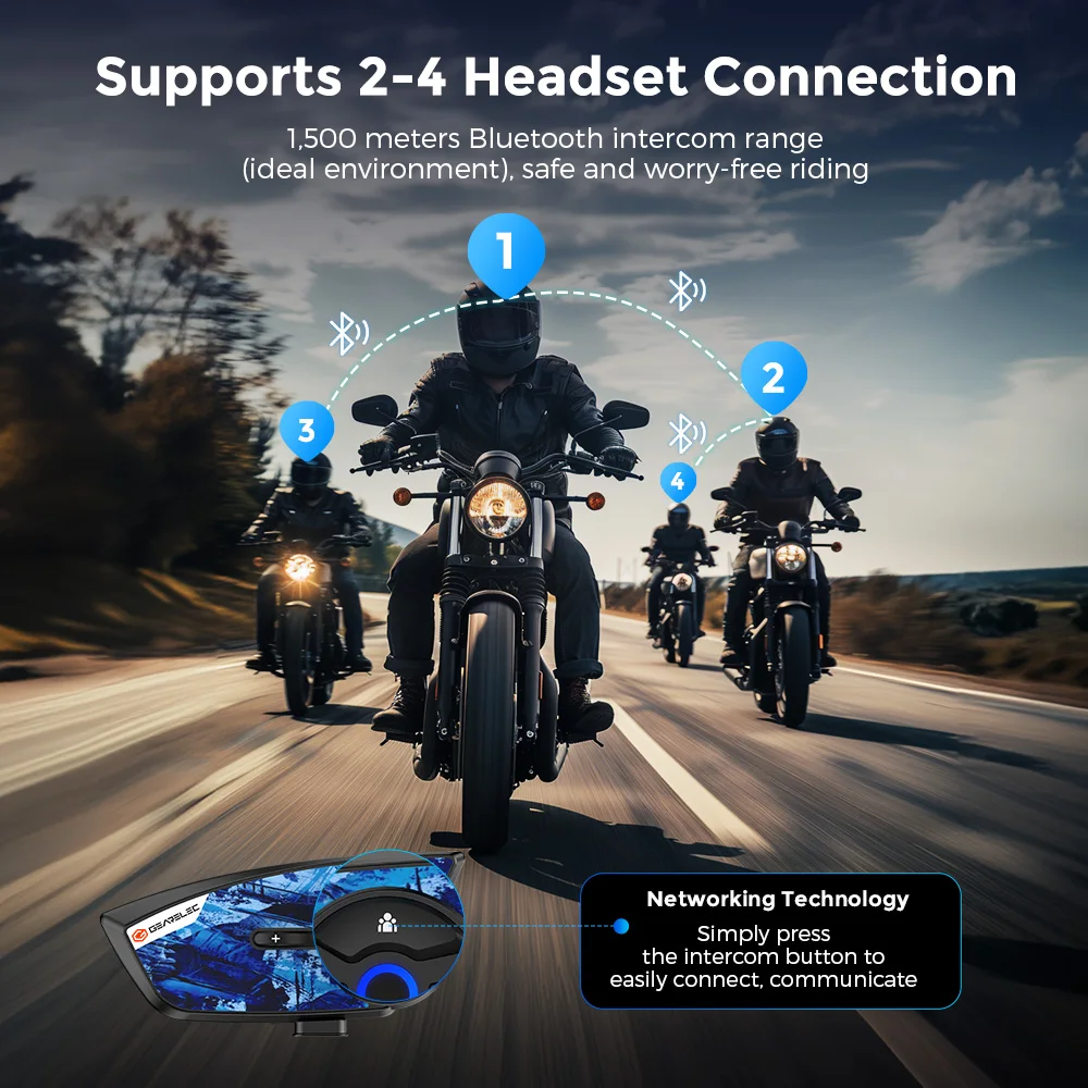 GEARELEC Motorcycle Helmet Bluetooth Intercom Headset 4 Riders 1500M IP67 Helmet Communication System Music Sharing Motorbike