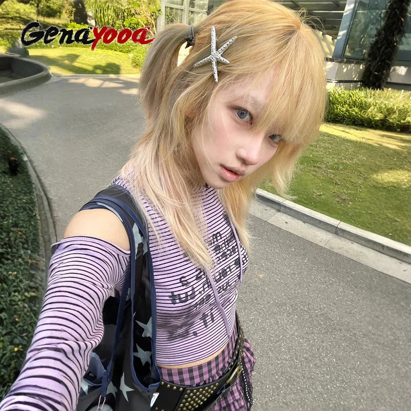 

Genayooa винтажные топы с графическим принтом, футболка с открытыми плечами и капюшоном, женские топы Y2k в японском стиле в стиле гранж, уличная футболка в полоску для электронных девочек