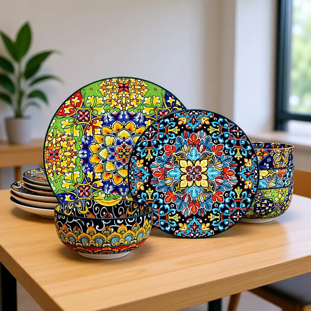 

12 Pieces Dinnerware Sets, Plates and Bowls, Porcelain Dishes, Microwave and Dishwasher Safe, Scratch Resistant, Bone China Styl