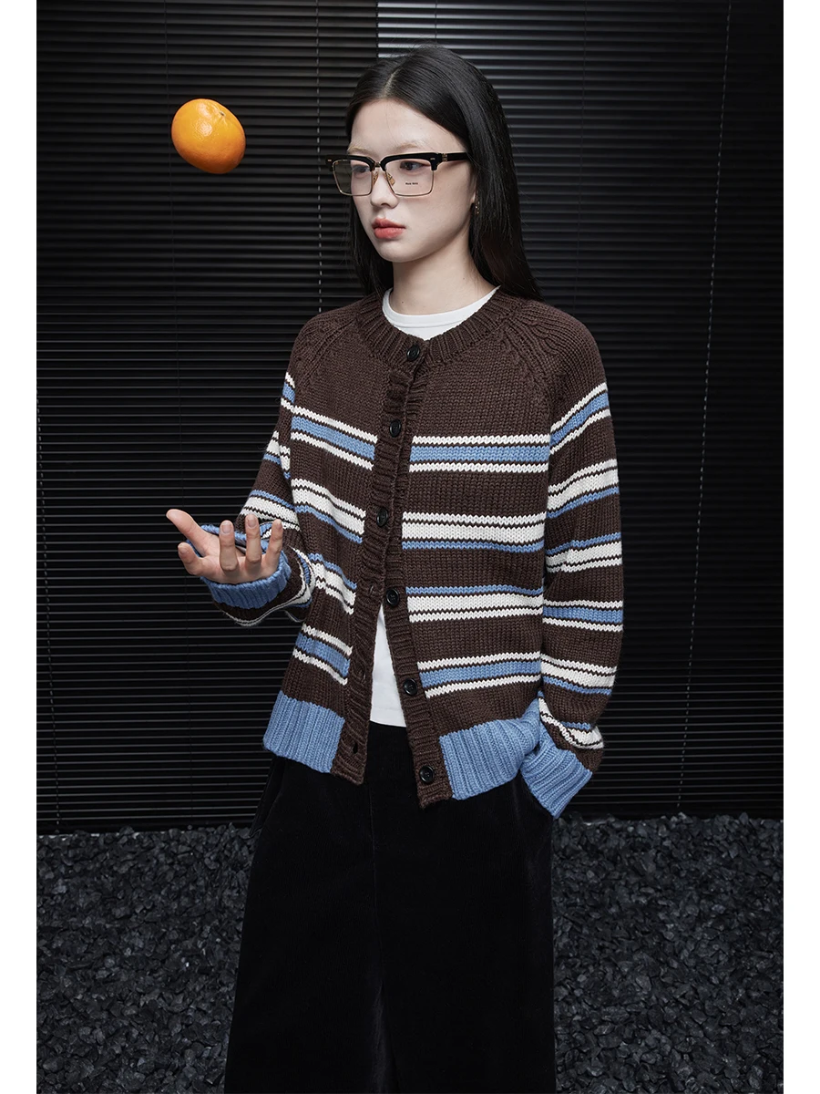 

Открытый кардиган в полоску карамельного цвета, шерстяной свитер, женский свободный ленивый дизайн, осень-зима, новый Sle Street Sle Long Sve Regul...