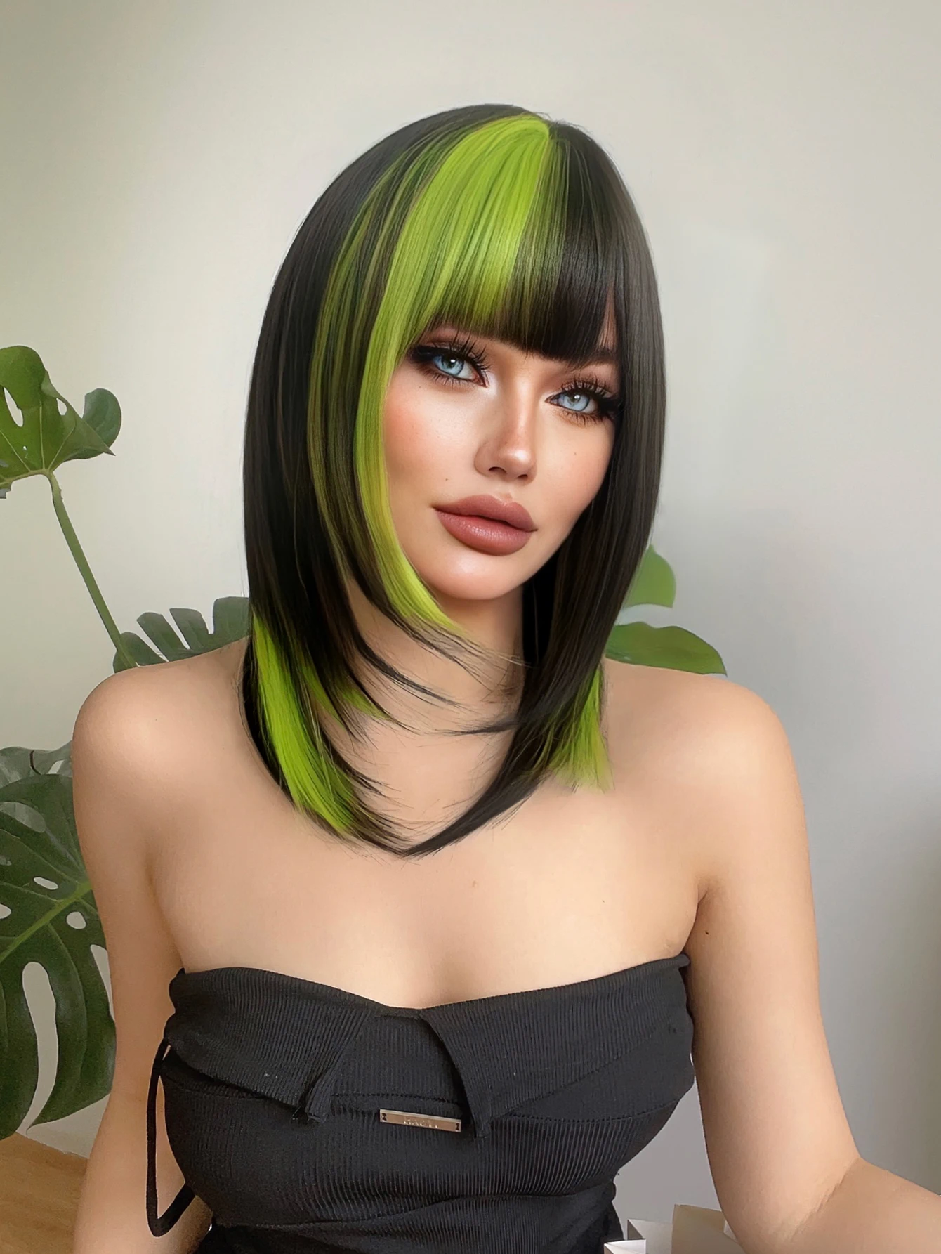 18Inch Black Highlight Fluorescent Green Synthetic Wigs With Bang Short Natural Straight Hair Wig For Women Daily Heat Resistant