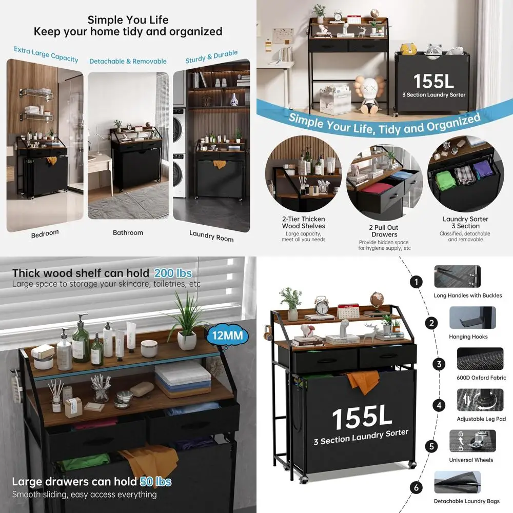 

2-Tier Rolling Laundry Basket with 3-Section Bags, Organizer Hamper for Laundry Room, Bathroom, or Bedroom