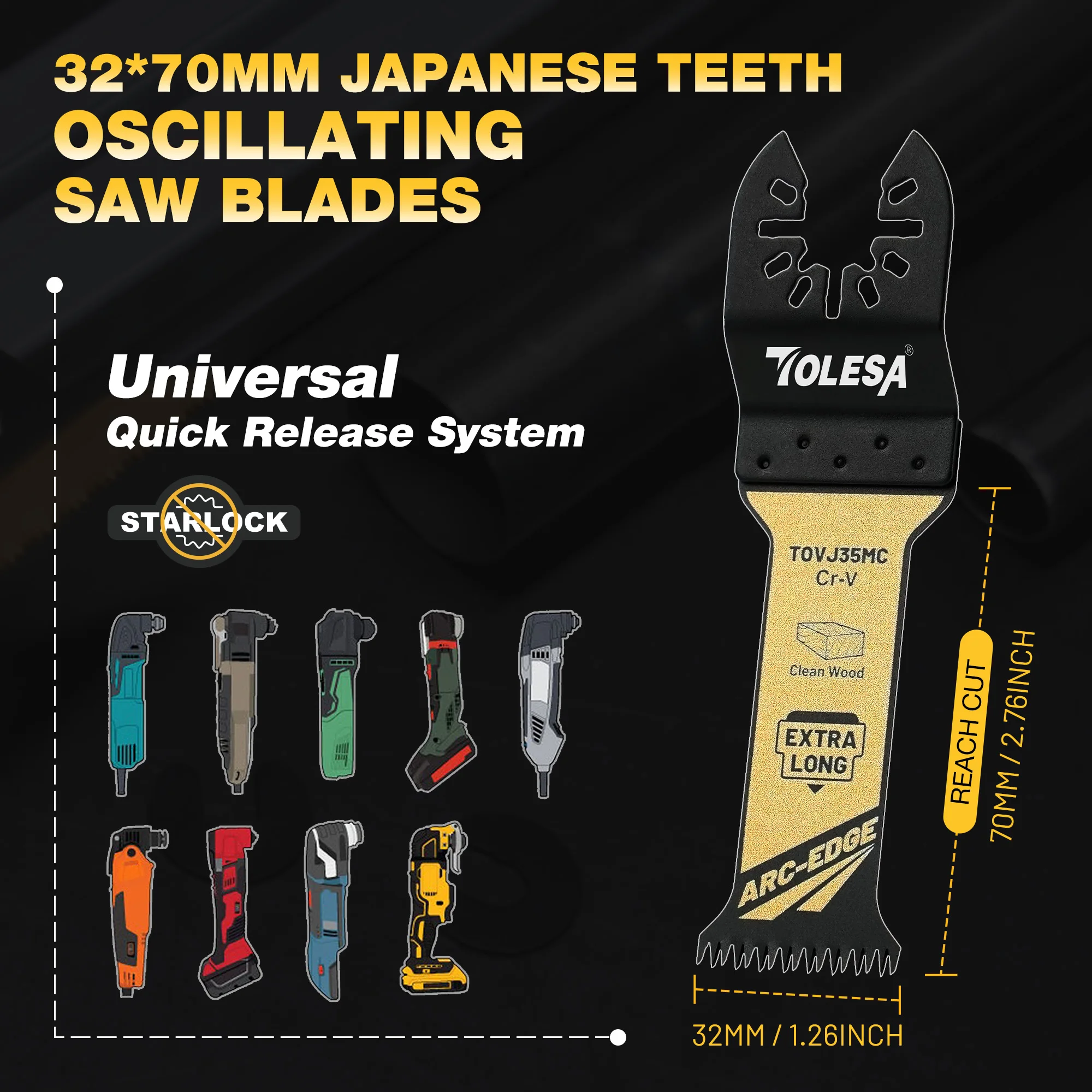 TOLESA 3PCS Oscillating Saw Blades 32*40mm/ 32*70mm, Multitool Saw Blades, Japanese Teeth Oscillating Saw Blade for Wood Plastic