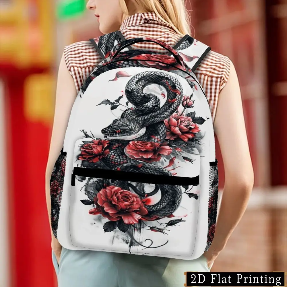 Vintage Black Snake & Red Roses Print Backpack Gothic Floral Tattoo Style School Bag Lightweight Casual Daypack for Students