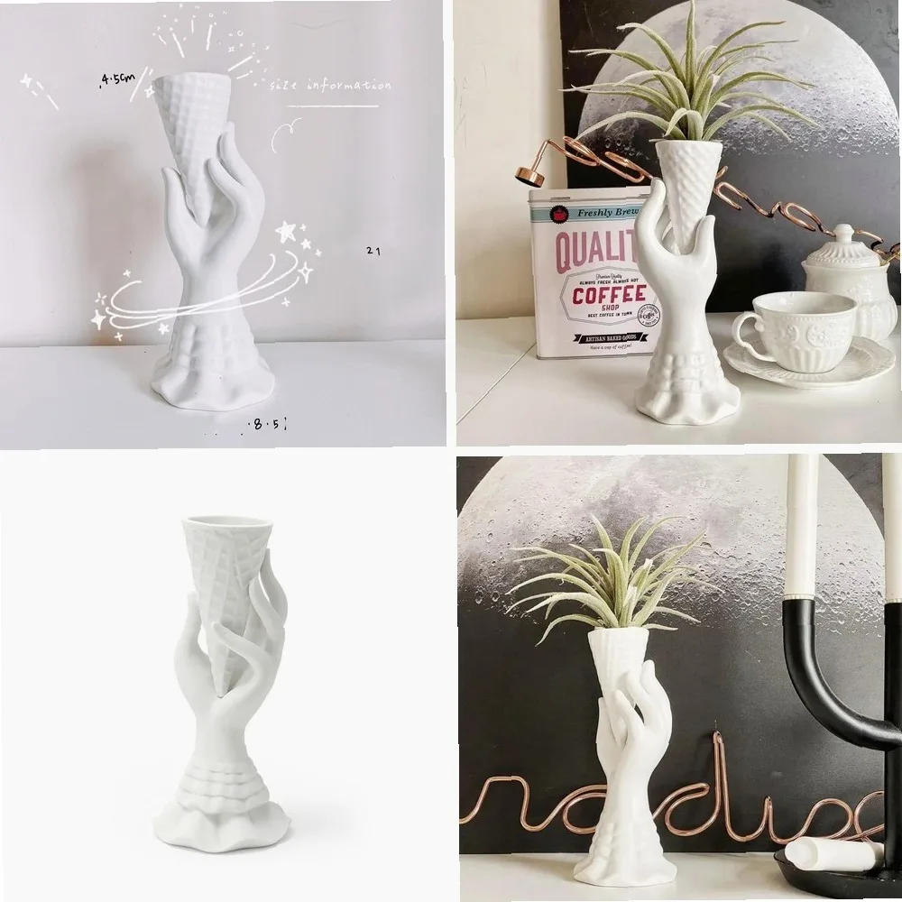 

Creative Flower Pot White Ceramic Hand Holding Ice cream Ornaments Figurine Art Desktop Little Vase Living Room Bedroom Dec