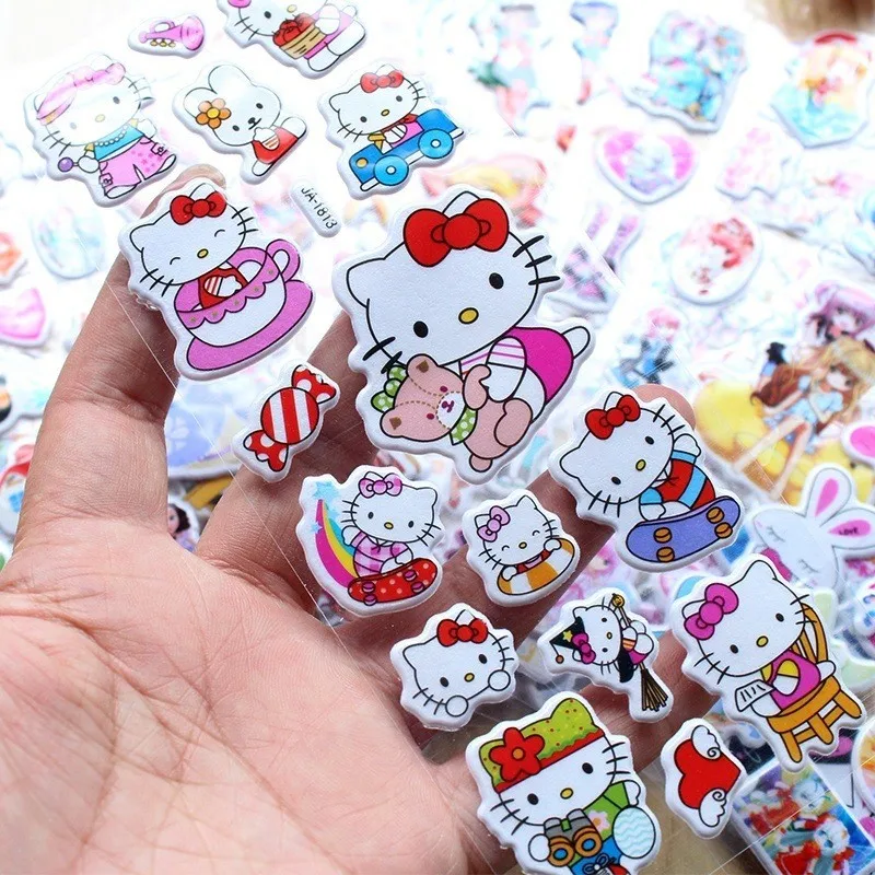 Olá Kitty bolha adesivos para crianças, 3D Sanrio adesivos, desenhos animados bonitos, sem repetição, brinquedo DIY, kawaii, 3 dimensões, 12pcs