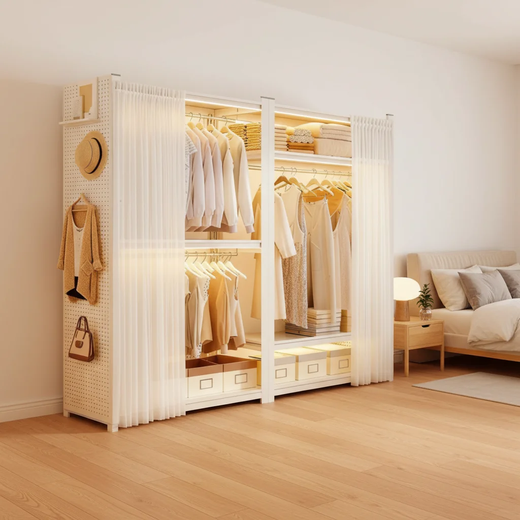 Household hanger dust curtain open clothing storage rack bedroom simple steel floor multi-layer storage rack