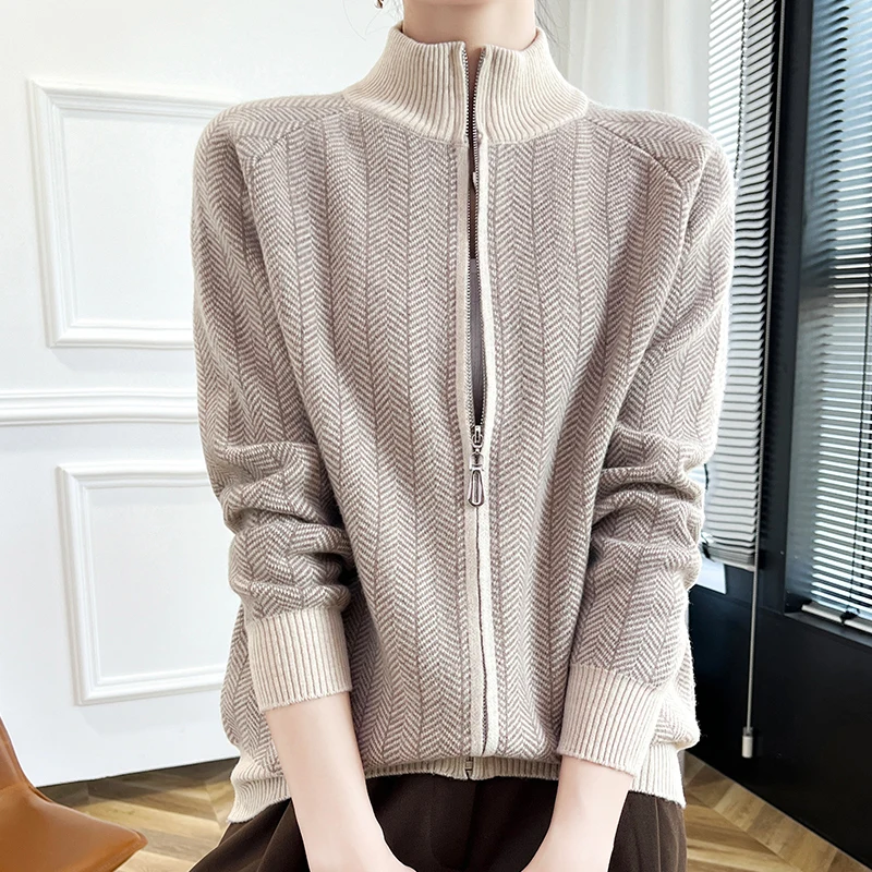 100% merino wool cardigan New cashmere sweater in autumn and winter women's semi-high neck cardigan warm knit bottoming coat