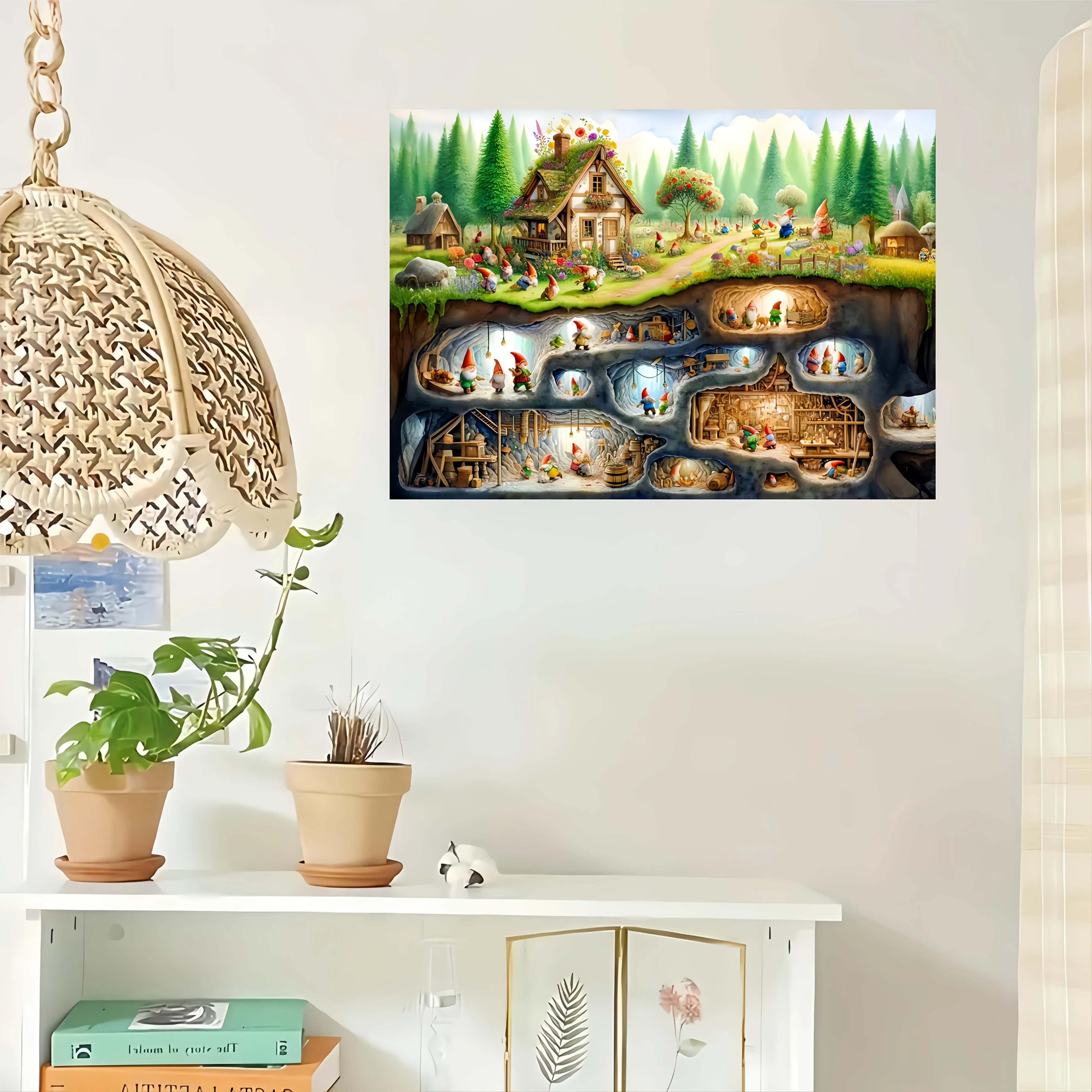 Rompecabezas de cueva de gnomo de 1000 piezas: caprichoso temático enano, cabaña encantadora, brillo mágico, papel duradero, 50.04 cm x 69,85 cm, F