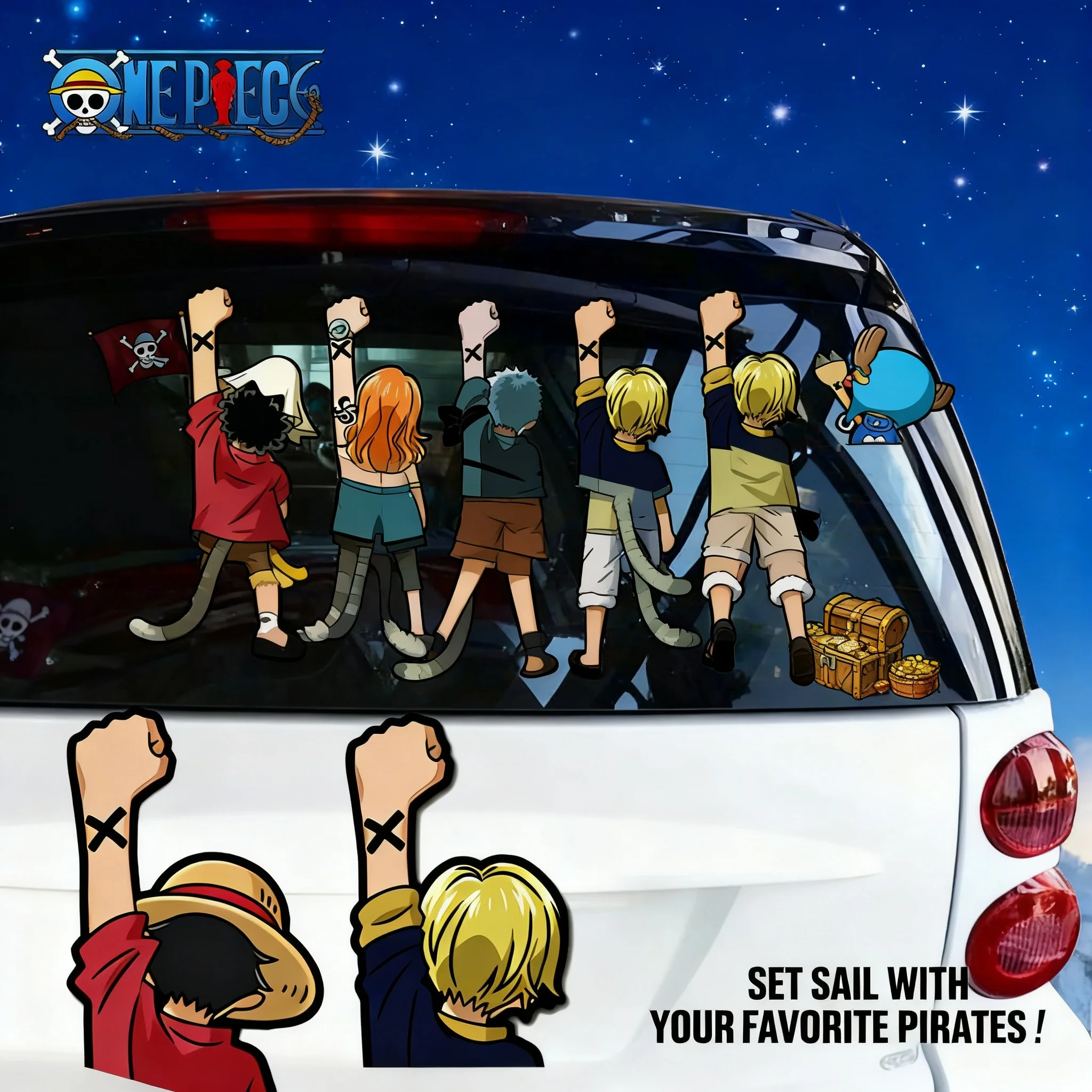 

Наклейки на автомобиль One Piece: Луффи, Зоро, Санджи, Чоппер, Нами, Робин, Фрэнки, Брук, Джинбэ. Водонепроницаемые, светоотражающие, виниловые, для задней части автомобиля.