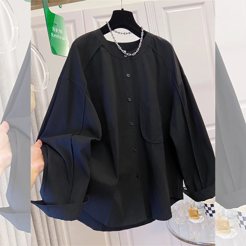 Manga longa único breasted bolso design versátil camisa 2025 primavera outono nova maré feminina simples blusas oversize