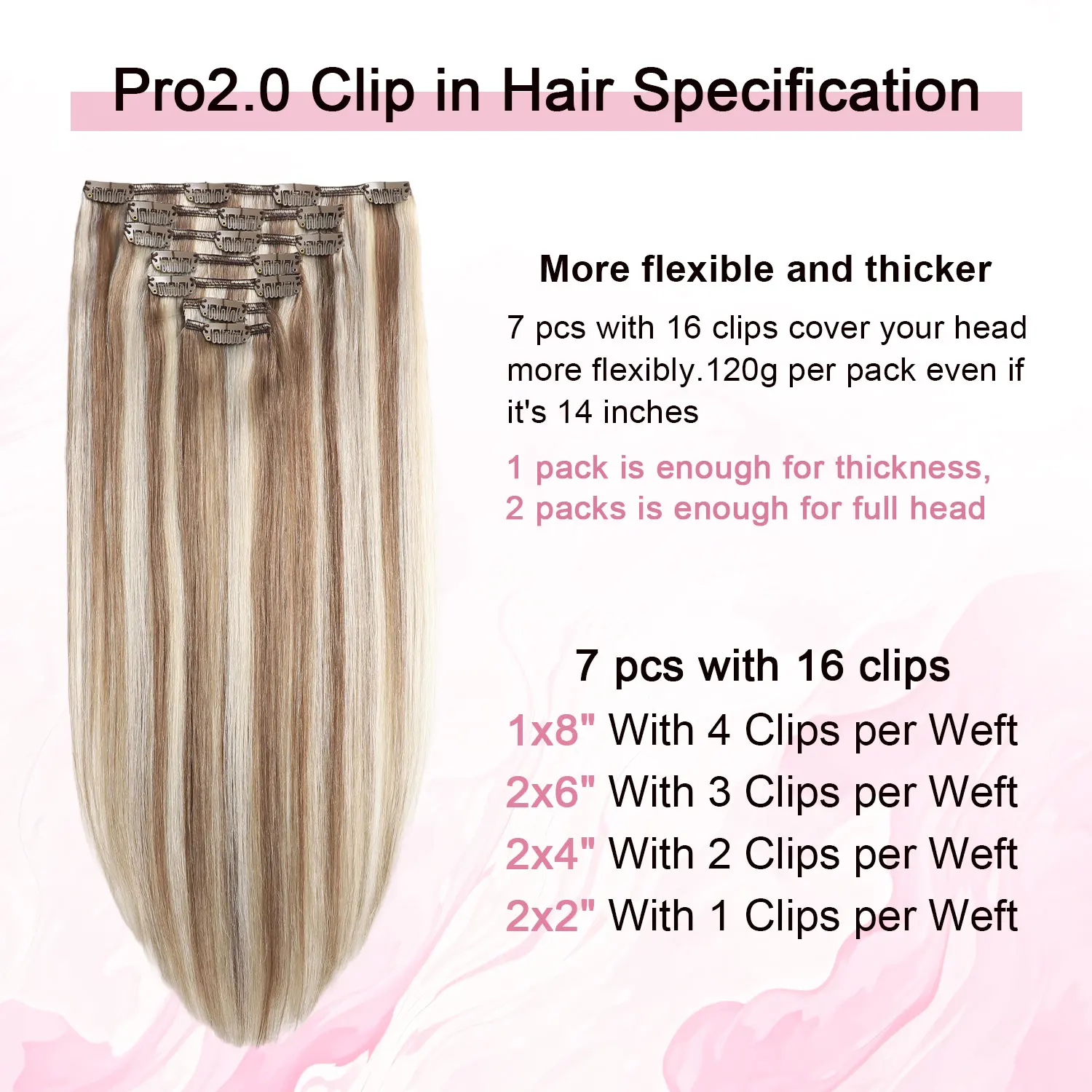 Sweetmet Pro2.0 Clip-in Hair Extensions 120g Thick 7pcs #8p60 Brown Highlights Platinum Blonde Remy Human Hair Seamless Double Weft for Women
