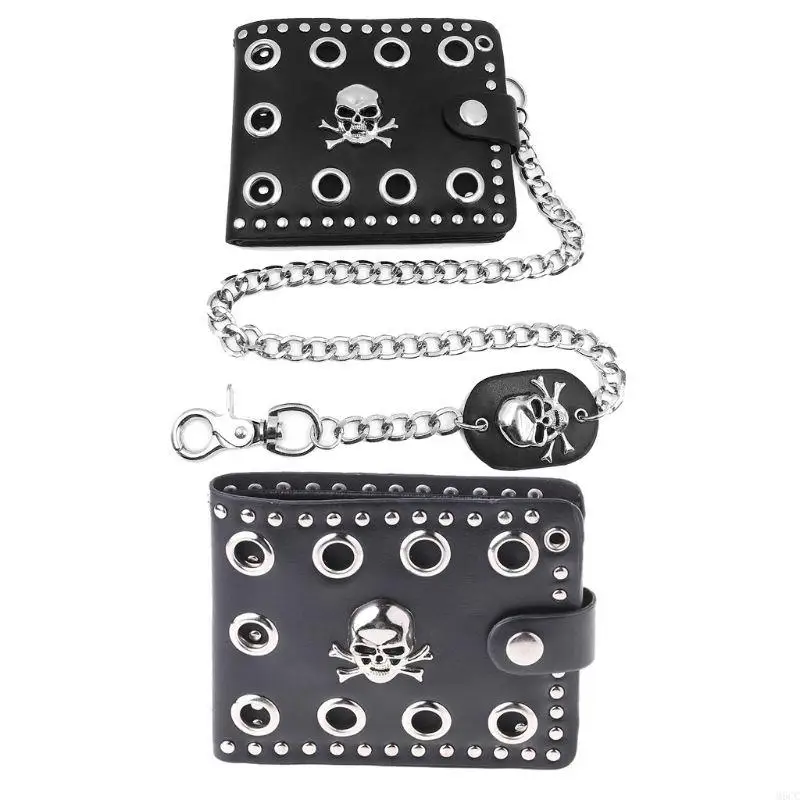 M6CC Leather Cool Punk Gothic Western Skull Clutch Purse Wallets With Chain For Men