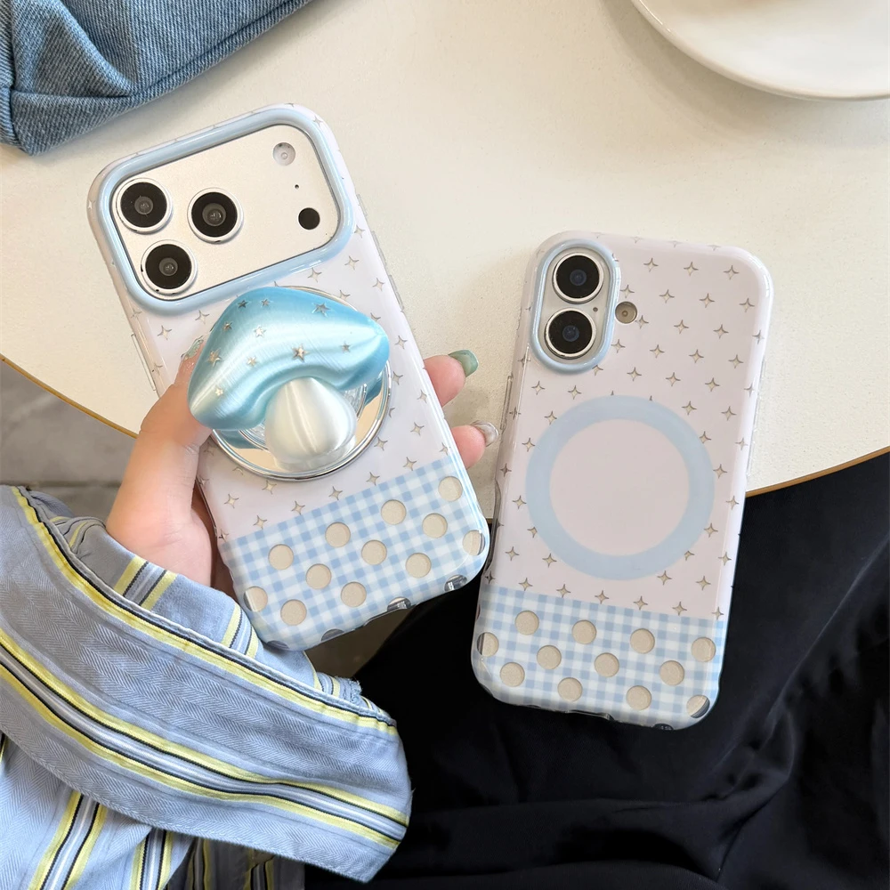 Cute Star Gingham Splice Phone Case For iPhone 15 16 17 18 Pro Max With 3D Mushroom Magnetic Holder Shockproof Protective Cover